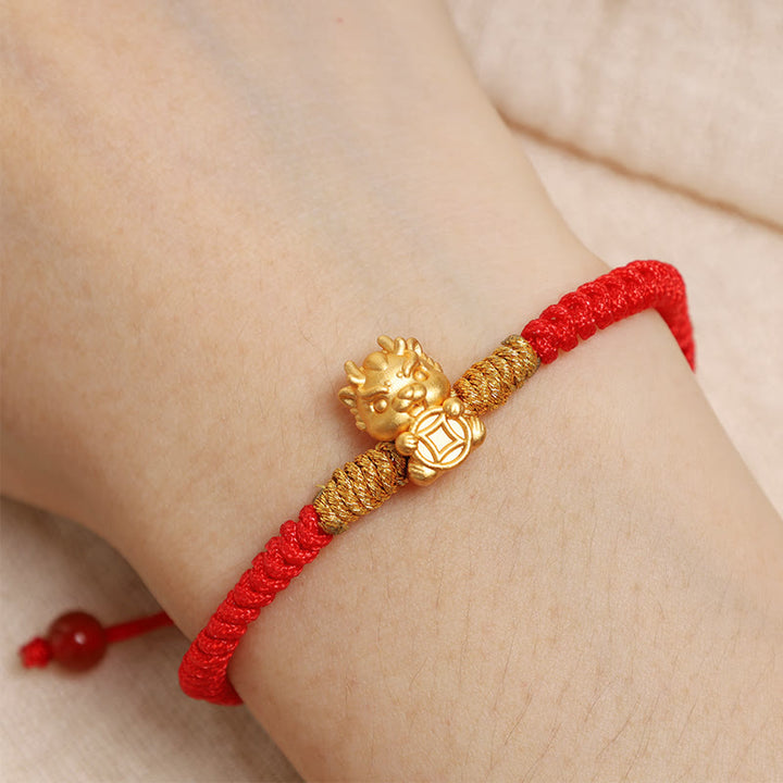 Buddha Stones 999 Sterling Silver Copper Coin Fortune Dragon Fu Character Luck Handcrafted Red String Braided Bracelet