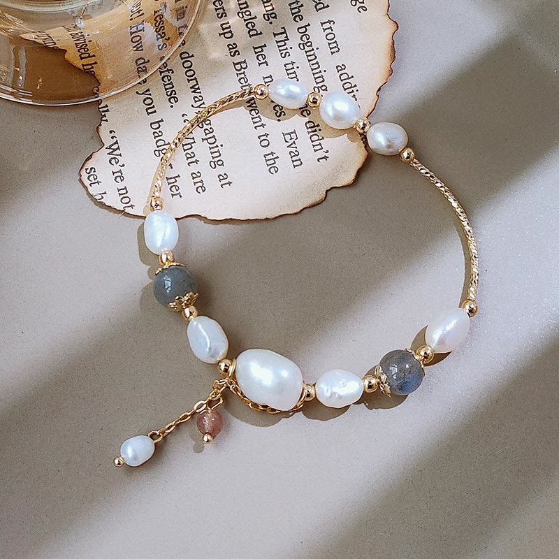 Buddha Stones Pearl Moonstone Strawberry Quartz Bead Optimism Bracelet