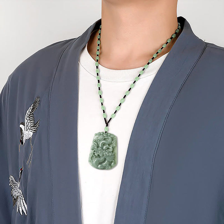 Buddha Stones Year Of The Dragon Chinese Zodiac Dragon Soaring Jade Protection Bead Chain Necklace Pendant