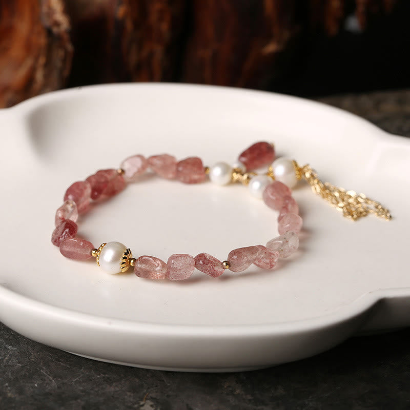 Natural Strawberry Quartz Pearl 14k Gold Plated Love Healing Bracelet