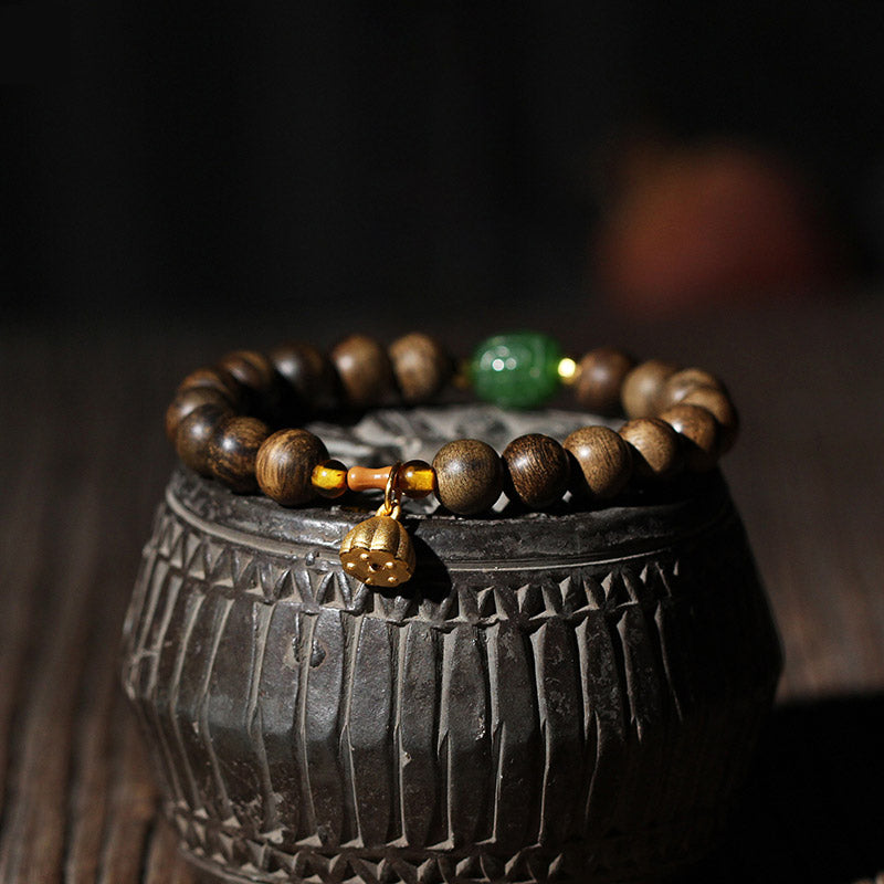 Buddha Stones 999 Gold Brunei Agarwood Cyan Jade Lotus Flower Peace Strength Bracelet