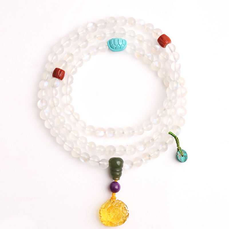 108 Mala Beads Moonstone Amber Lotus Turquoise Crystal Healing Bracelet