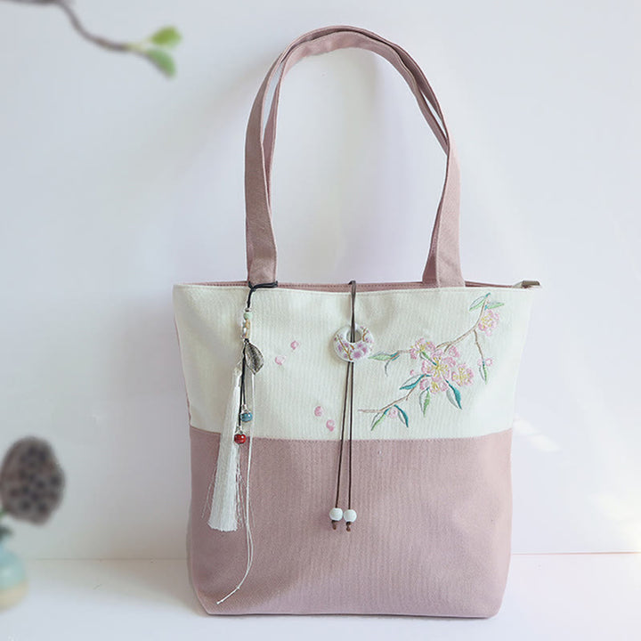 Pear Flower Plum Peach Blossom Bamboo Embroidery Canvas Large Capacity Shoulder Bag Tote Bag