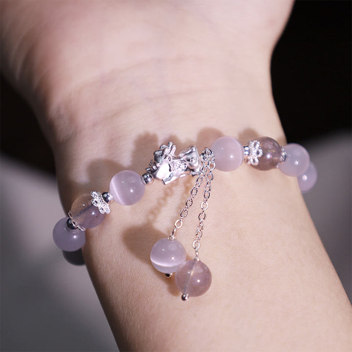 Buddha Stones Natural Cat's Eye Moonstone Strawberry Quartz PiXiu Support Bracelet