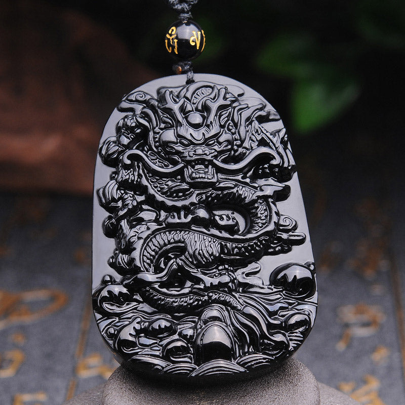 Buddha Stones Black Obsidian Stone Dragon Fulfilment Pendant Necklace