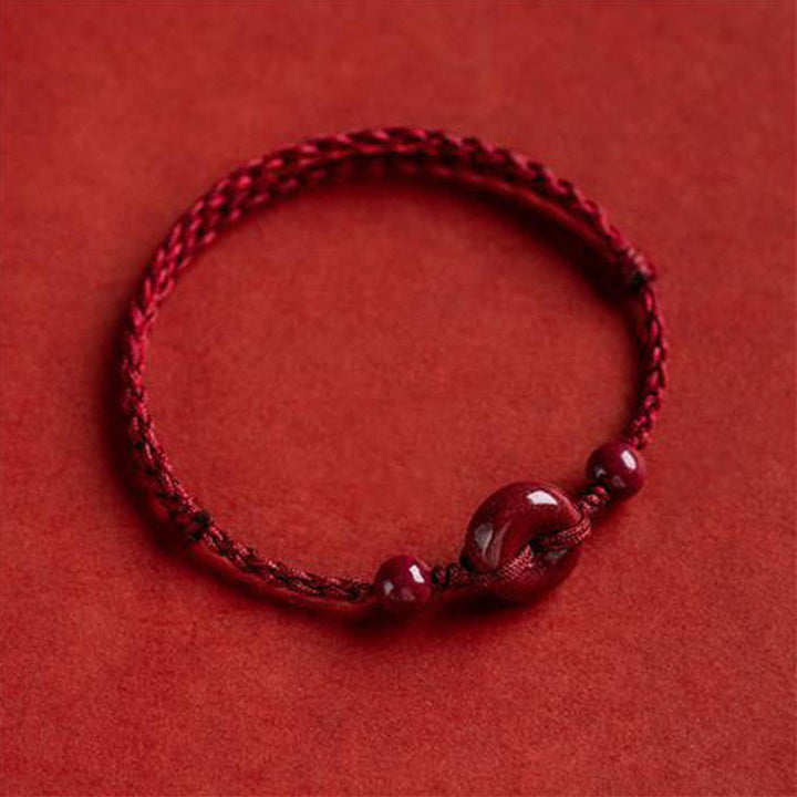 Buddha Stones Handmade Cinnabar Peace Buckle Safe and Healthy Charm Blessing String Bracelet Anklet