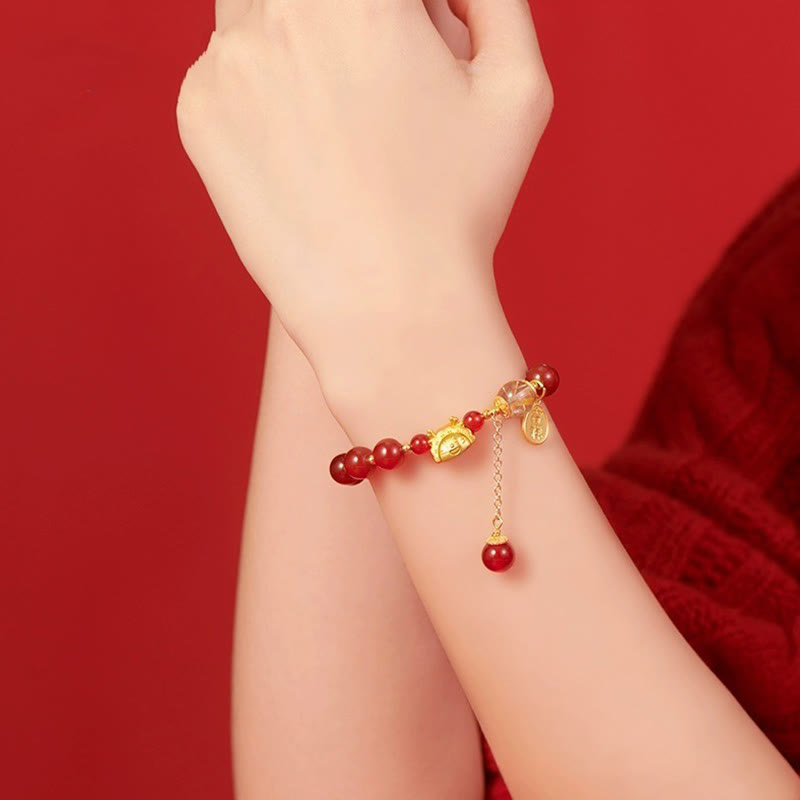 Buddha Stones Year of the Dragon Dumpling Natural Red Agate Garnet Hetian Jade Fu Character Luck Success Bracelet