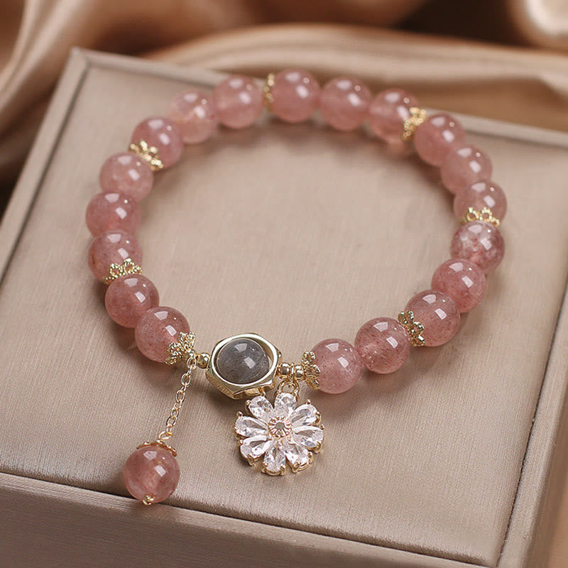 Natural Strawberry Quartz Crystal Daisy Flower Charm Positive Healing Bracelet