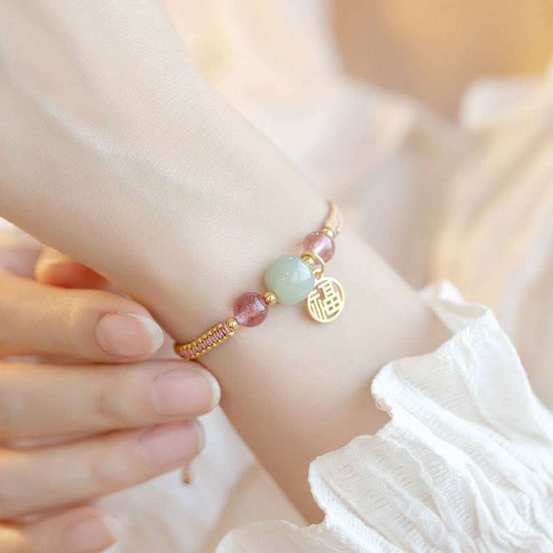 Buddha Stones Handmade Strawberry Quartz Hetian Jade Bead Fu Character Healing Bracelet