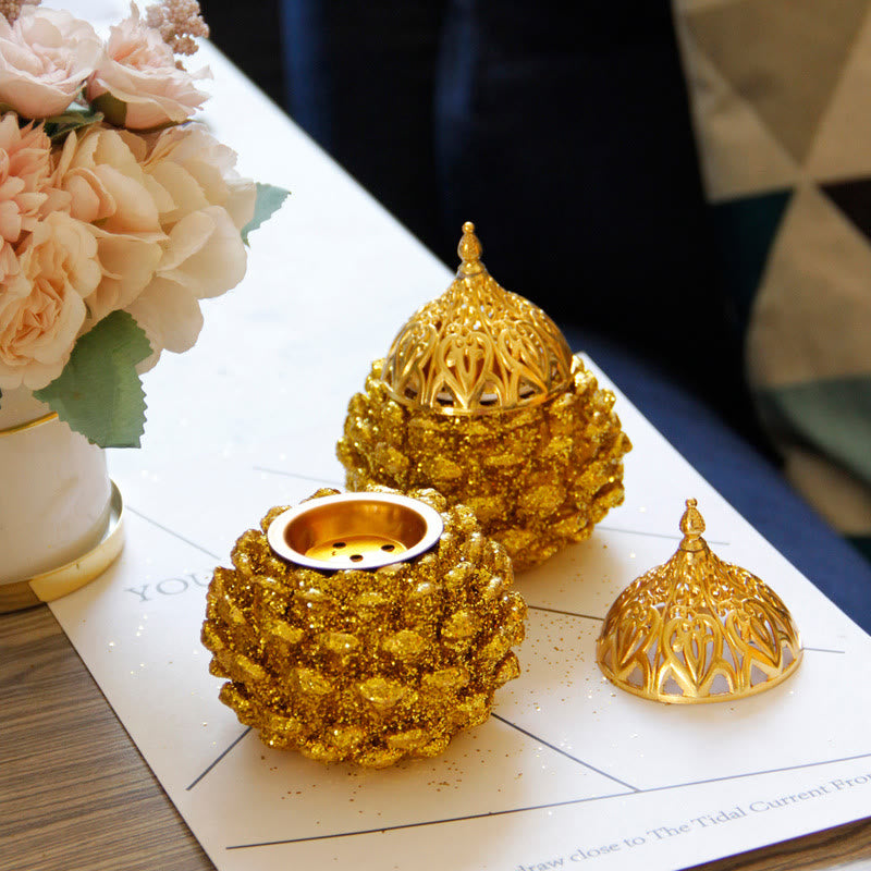 Gold Pine Cone Pattern Spiritual Rituals Mini Incense Burner Home Tabletop Decor