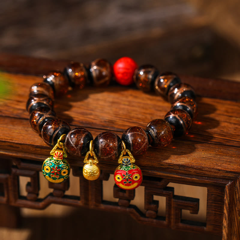 Gold Swallowing Beast Family Colorful Cinnabar Bead Bracelet