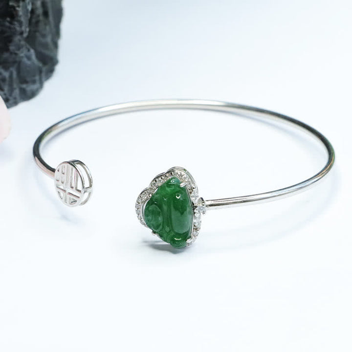 925 Sterling Silver Laughing Buddha Jade Luck Bracelet Bangle