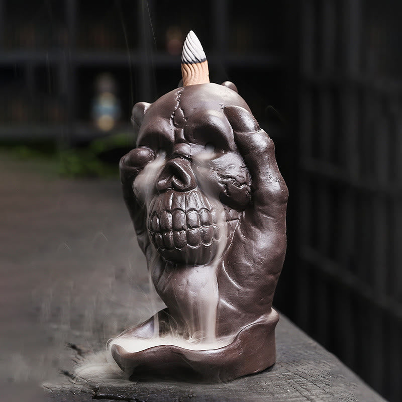 Buddha Stones Halloween Skull With Ghost Hand Purple Clay Spiritual Incense Burner Decoration