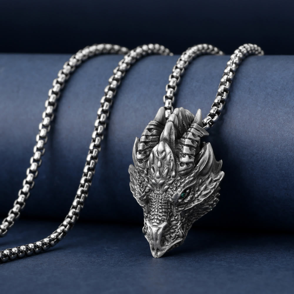 Buddha Stones Pure Tin Dragon Head Luck Protection Metal Necklace Pendant