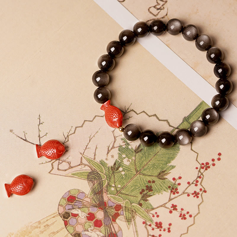 Buddha Stones Natural Silver Sheen Obsidian Cinnabar Koi Fish Soothing Protection Bracelet