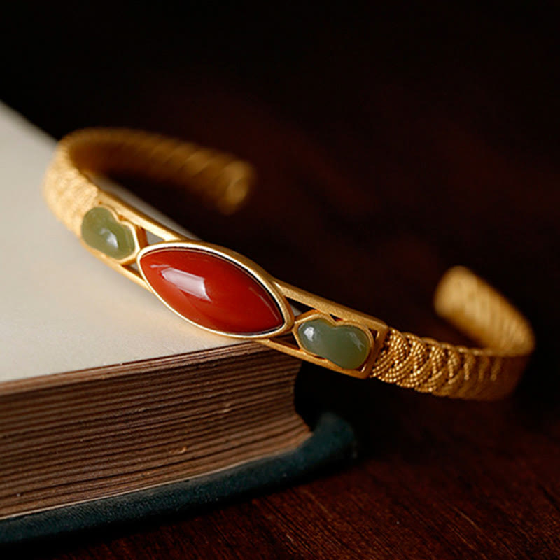 Buddha Stones Vintage Red Agate Jade Gourd Luck Bracelet Cuff Bangle