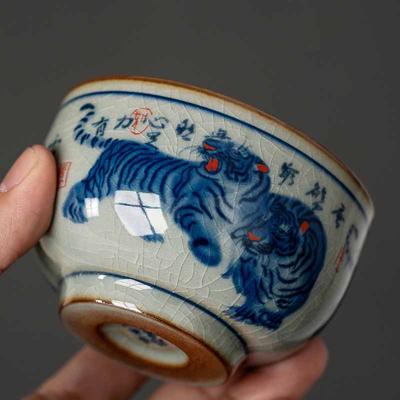 Buddha Stones Jingdezhen Hand Painted Cute Tiger Ceramic Teacup Kung Fu Tea Cup Bowl 140ml