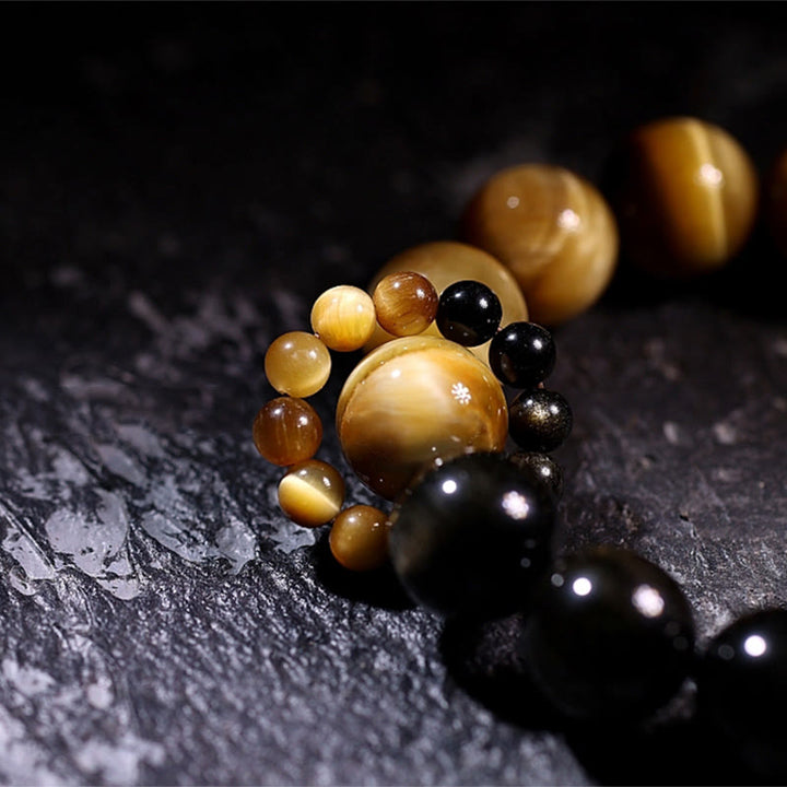 Buddha Stones Natural Gold Sheen Obsidian Tiger Eye Wealth Tassel Bracelet