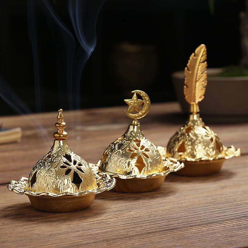 Gold Gourd Star Feather Spiritual Meditation Mini Alloy Metal Incense Burner