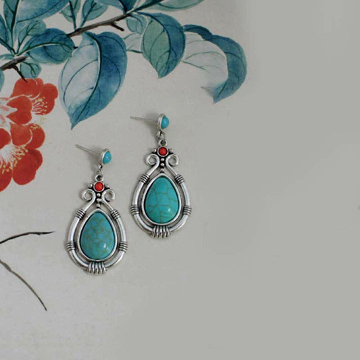 Tibet Vintage Turquoise Waterdrop Strength Drop Dangle Earrings Clips