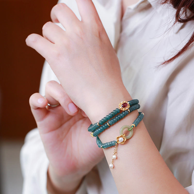 Buddha Stones 925 Sterling Silver Gold Plated Cyan Jade Flower Peace Buckle Success Triple Wrap Bracelet