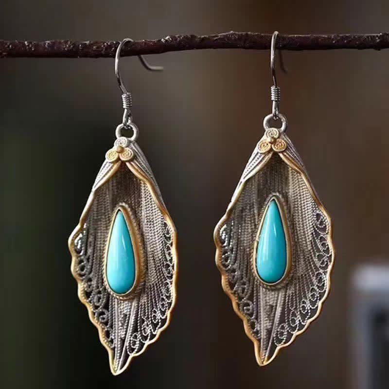 925 Sterling Silver Turquoise Bodhi Leaf Pattern Protection Drop Dangle Earrings