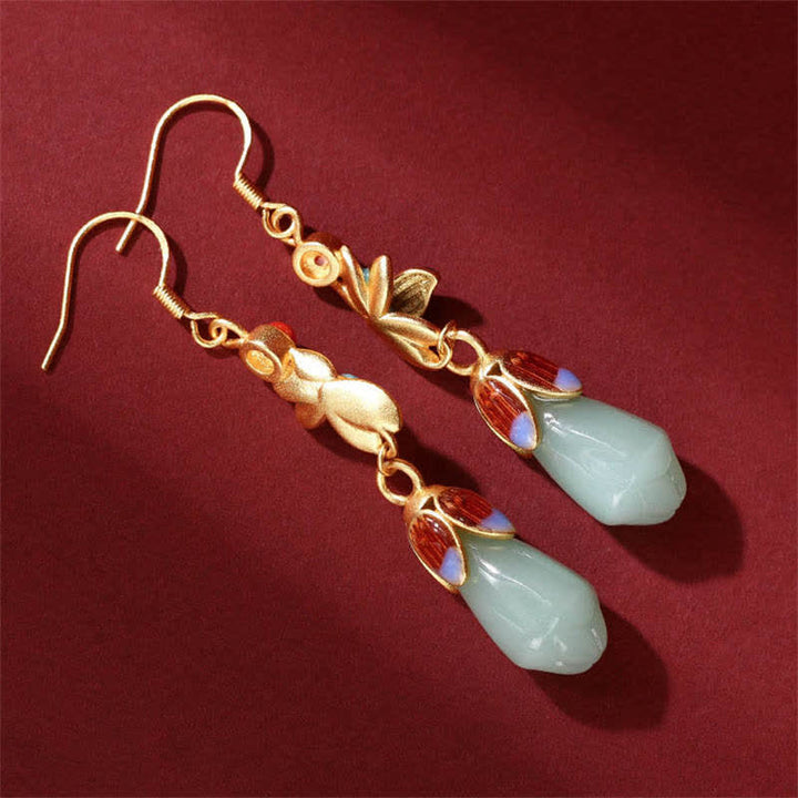 Magnolia Flower Jade Pattern Luck Prosperity Drop Dangle Earrings