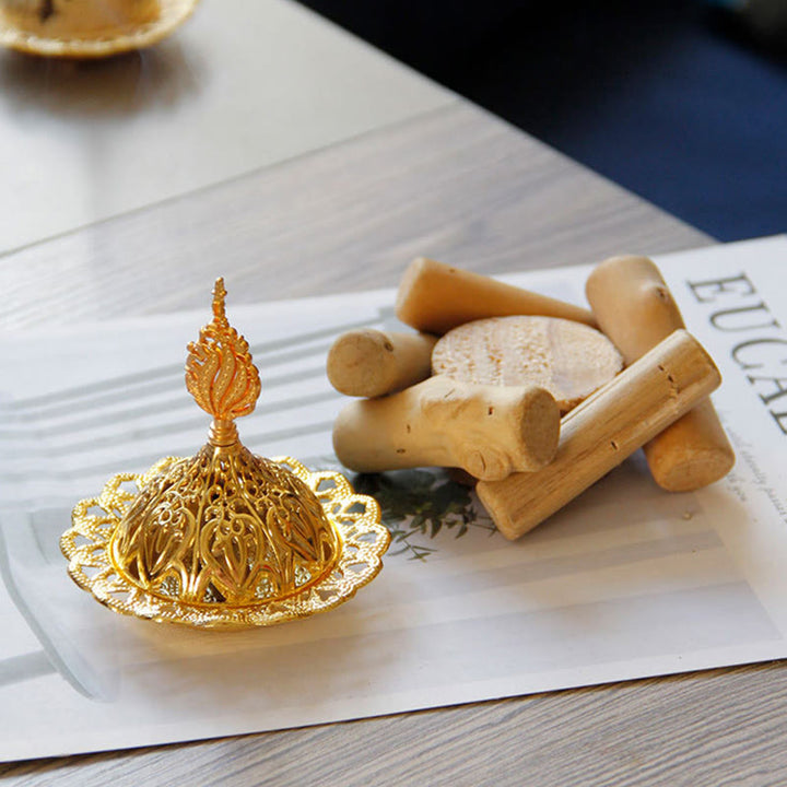 Gold Alloy Healing Mini Incense Burner With Wooden Coaster Home Decor