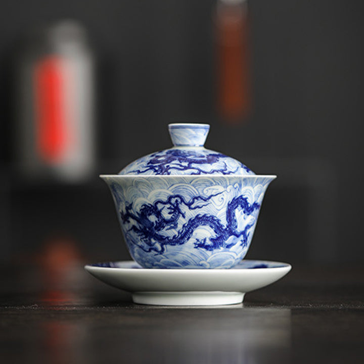 Buddha Stones Blue and White Dragon Pattern Porcelain Gaiwan Sancai Teacup Kung Fu Tea Cup And Saucer With Lid