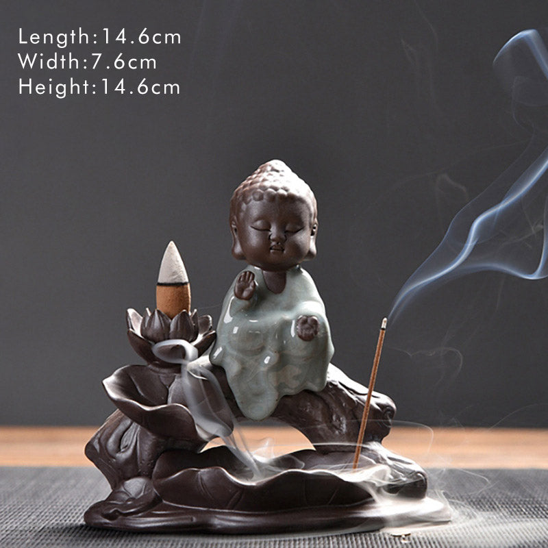 Buddha Little Monk Ceramic Lotus Blessing Incense Burner Decoration