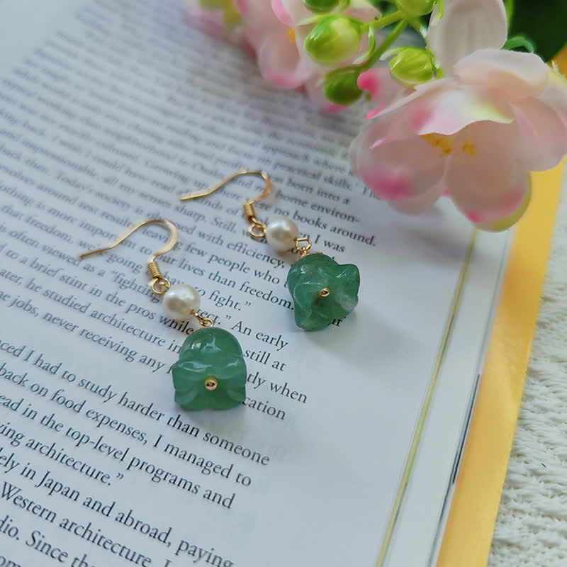 Buddha Stones Lily of The Valley Natural Green Aventurine 14K Gold Plated Luck Pearl Drop Dangle Floral Earrings