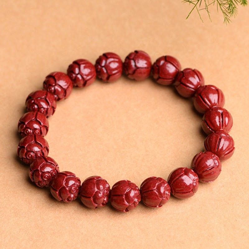 Buddha Stones Natural Cinnabar Om Mani Padme Hum Fret Pattern Lotus Blessing Bracelet