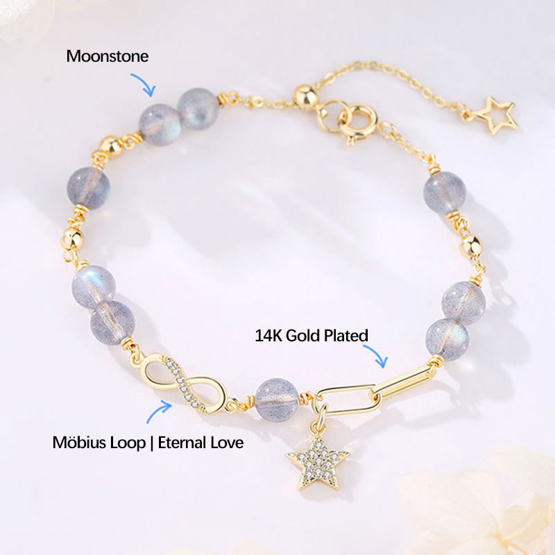 Buddha Stones 14K Gold Plated Natural Strawberry Quartz Moonstone Möbius Loop Eternal Love Star Positive Bracelet