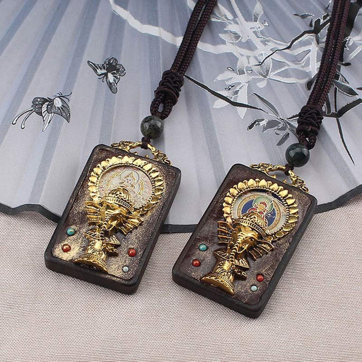 Ebony Wood Elephant God of Fortune Buddha Blessing Necklace String Pendant