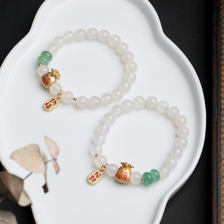 Buddha Stones Natural White Agate Red Agate Money Bag Fu Character Four Leaf Clover Protection Bracelet