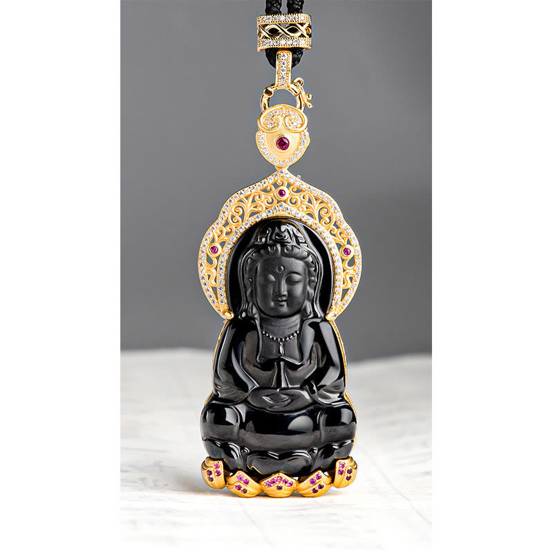 Buddha Stones 925 Sterling Silver Natural Black Jade Kwan Yin Avalokitesvara Wealth Necklace Pendant