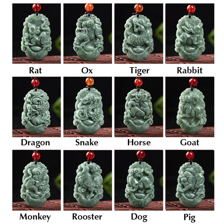 Buddha Stones Natural Jade 12 Chinese Zodiac Prosperity Necklace Pendant