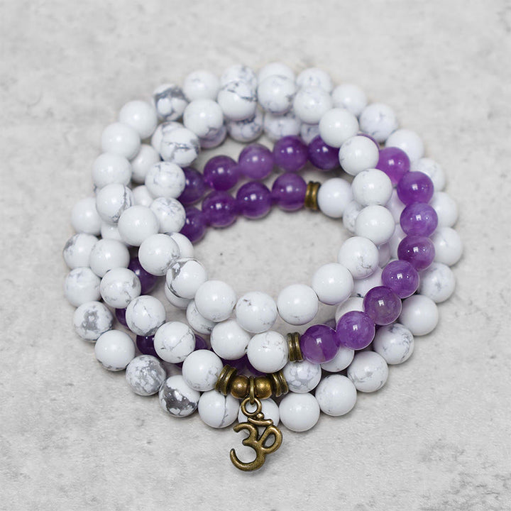 108 Mala Beads Amethyst White Turquoise OM Healing Meditation Energy Bracelet