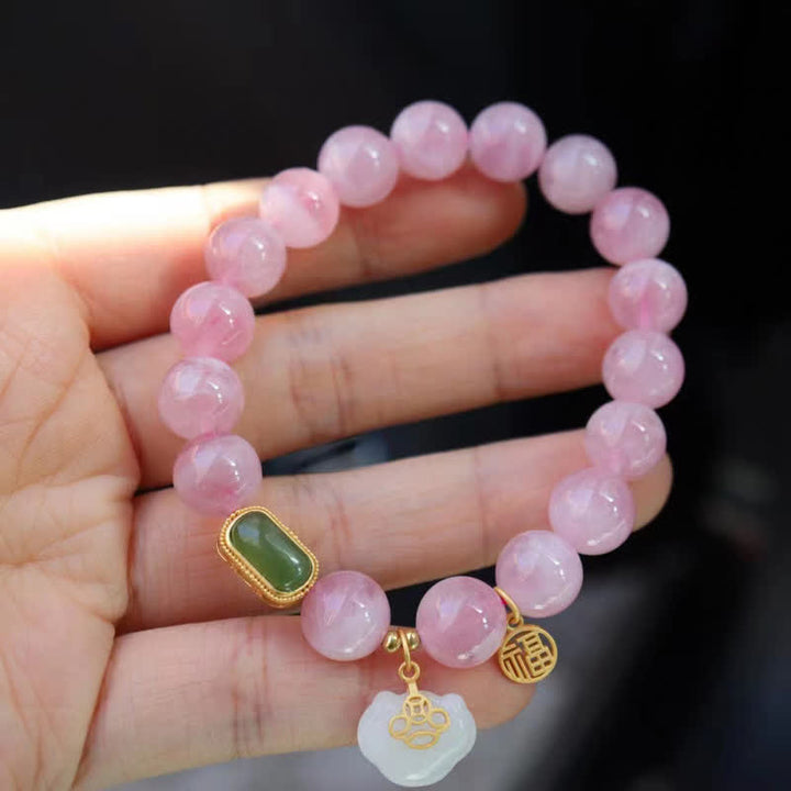 925 Sterling Silver Natural Madagascar Rose Quartz Hetian Jade Wish Lock Peace Bracelet