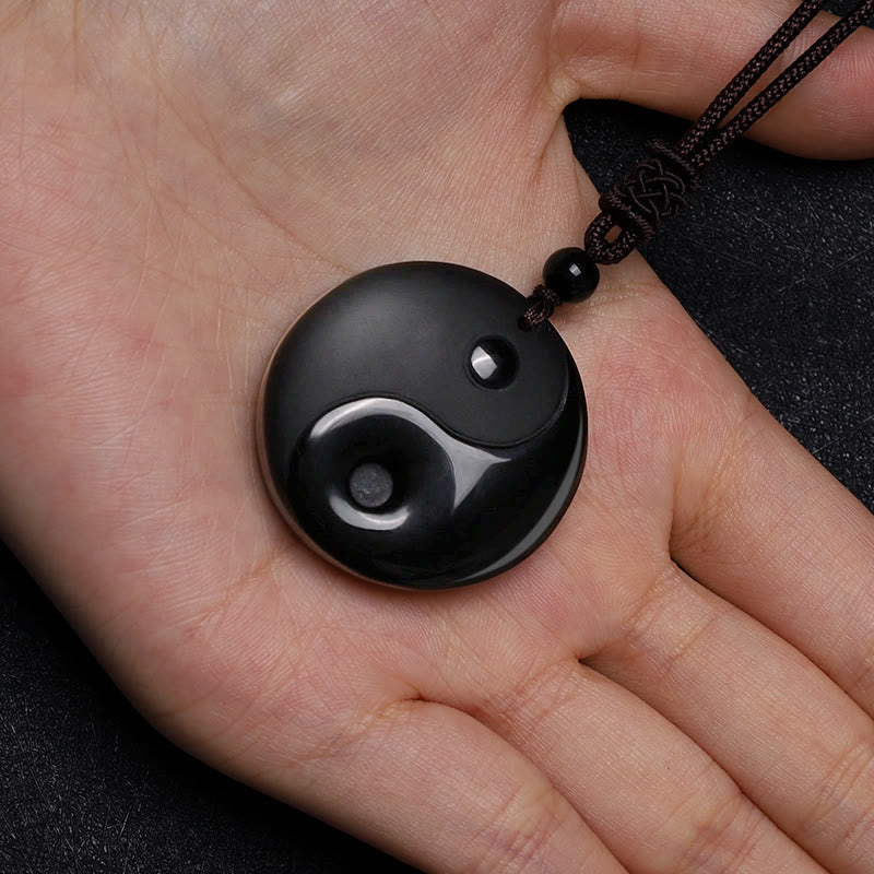 Buddha Stones Black Obsidian Taoism Five Sacred Mountains Nine-Character Mantra Carved Purification Yin Yang Necklace Pendant