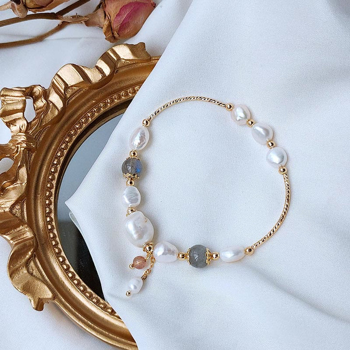 Buddha Stones Pearl Moonstone Strawberry Quartz Bead Optimism Bracelet