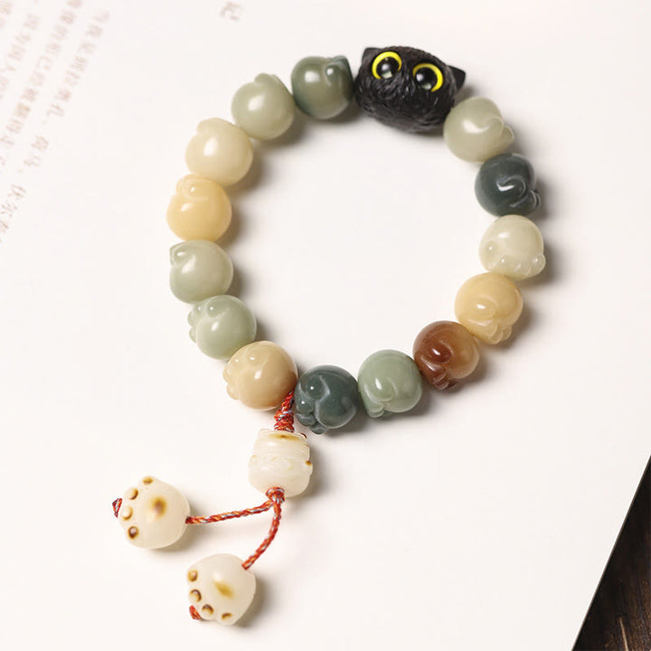 Buddha Stones Natural Bodhi Seed Lovely Paw Ebony Wood Lucky Cat Wisdom Bracelet