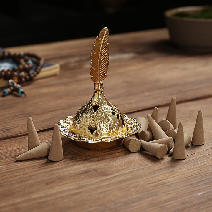 Gold Gourd Star Feather Spiritual Meditation Mini Alloy Metal Incense Burner