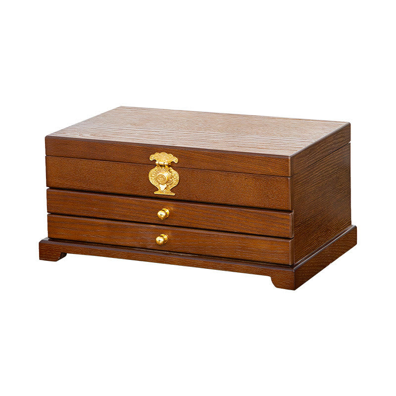 Buddha Stones Retro Wooden Jewelry Box Three-Layer Jewelry Storage Box