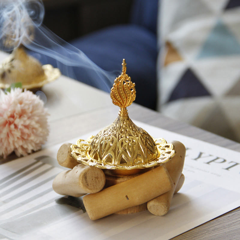 Gold Alloy Healing Mini Incense Burner With Wooden Coaster Home Decor