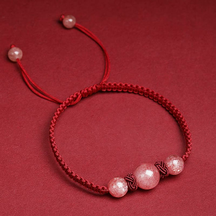 Buddha Stones Natural Strawberry Quartz Crystal Love Red String Weave Bracelet Anklet