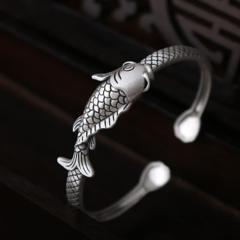 990 Sterling Silver Koi Fish Lotus Luck Wealth Bracelet Bangle