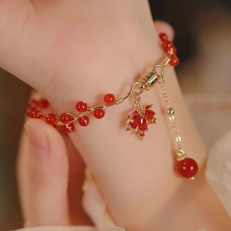 Buddha Stones Red Maple Leaf Luck Charm Bracelet