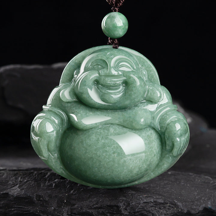 Laughing Buddha Cyan Jade Harmony Necklace String Bead Pendant