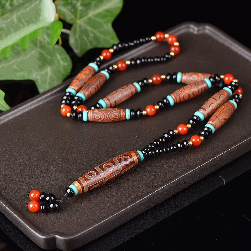 Buddha Stones Natural Tibetan Brown Nine-Eye Dzi Bead Agate Wealth Necklace Pendant